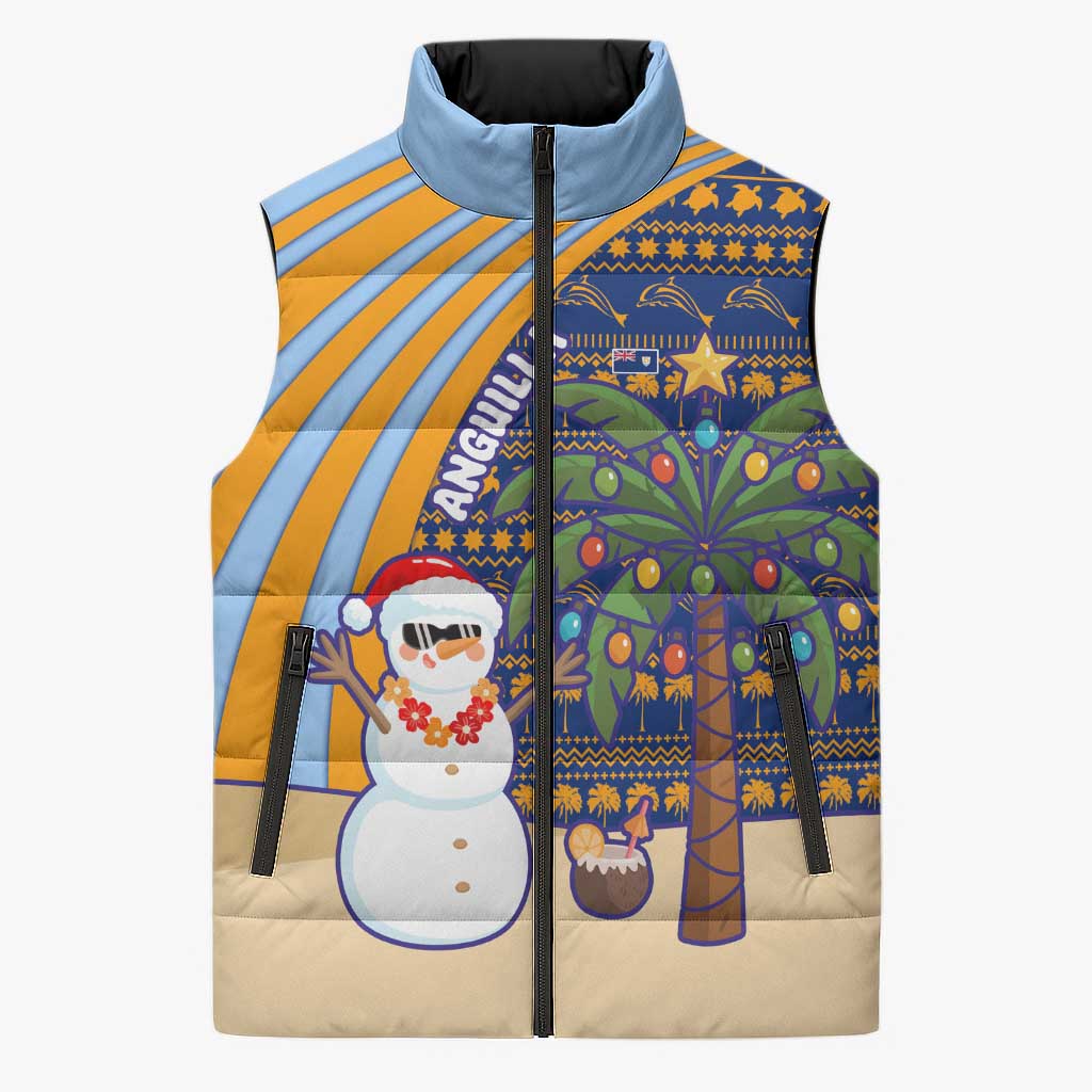 Anguilla Christmas Sleeveless Puffer Jacket with Snowman Palm Tree Ornaments Coconut Drink and Island Pattern Design - Wonder Print Shop