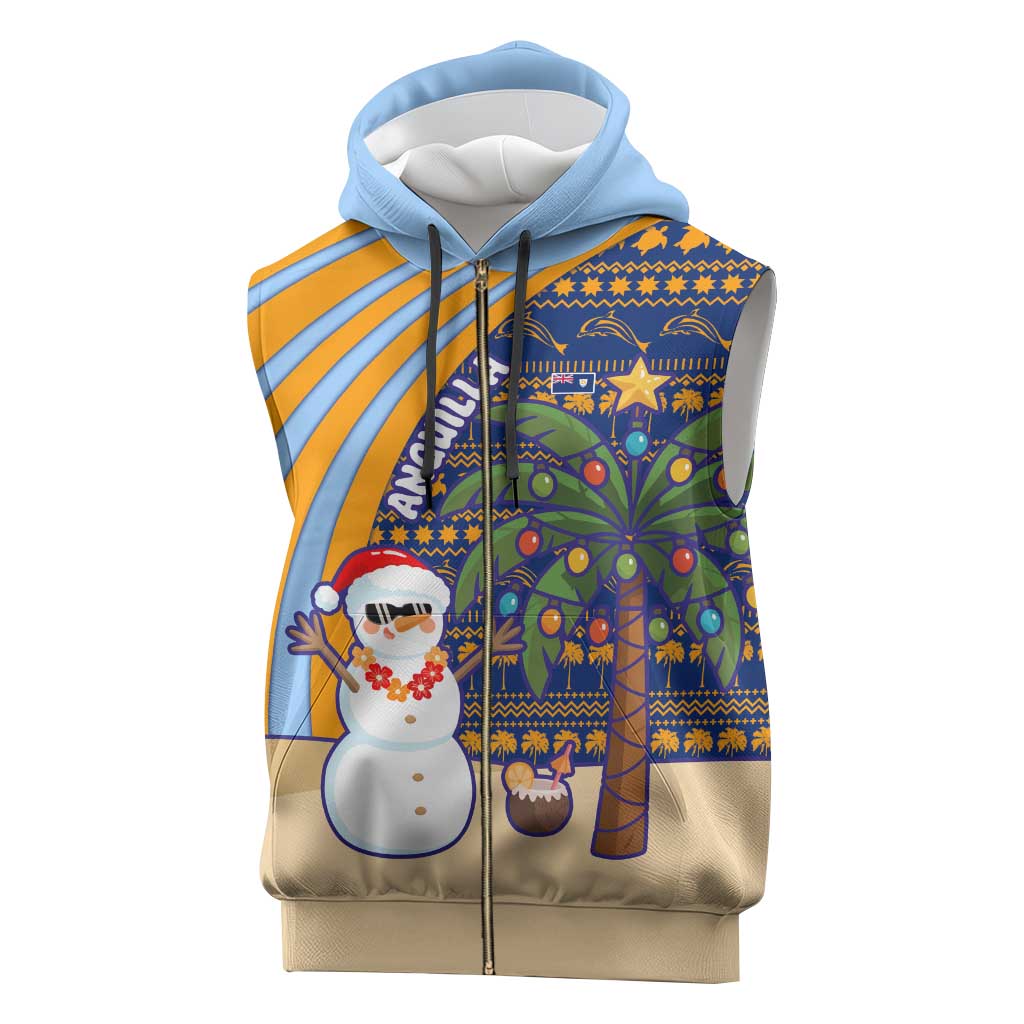 Anguilla Christmas Sleeveless Zip Hoodie with Snowman Palm Tree Ornaments Coconut Drink and Island Pattern Design - Wonder Print Shop