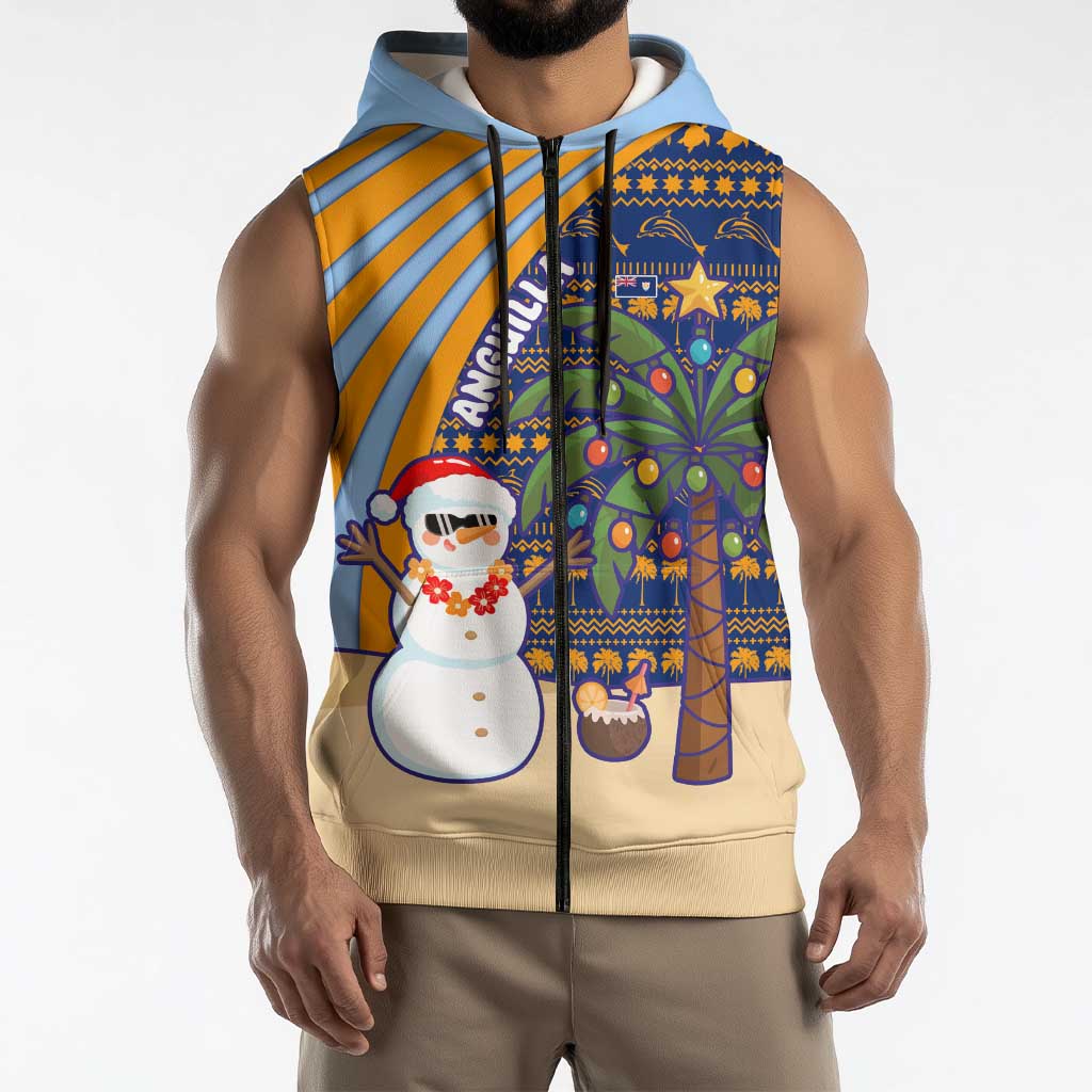 Anguilla Christmas Sleeveless Zip Hoodie with Snowman Palm Tree Ornaments Coconut Drink and Island Pattern Design - Wonder Print Shop