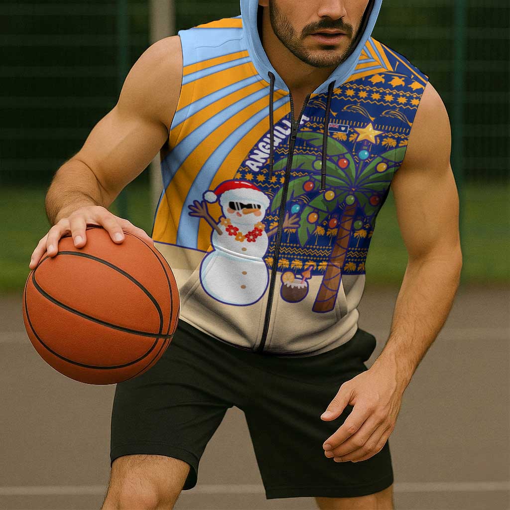 Anguilla Christmas Sleeveless Zip Hoodie with Snowman Palm Tree Ornaments Coconut Drink and Island Pattern Design - Wonder Print Shop