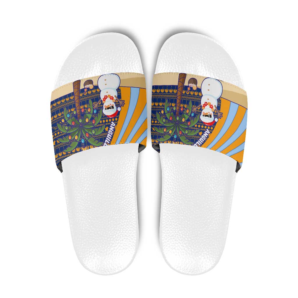 Anguilla Christmas Slide Sandals with Snowman Palm Tree Ornaments Coconut Drink and Island Pattern Design - Wonder Print Shop