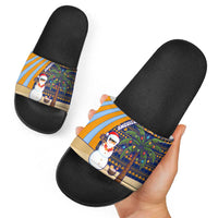 Anguilla Christmas Slide Sandals with Snowman Palm Tree Ornaments Coconut Drink and Island Pattern Design - Wonder Print Shop