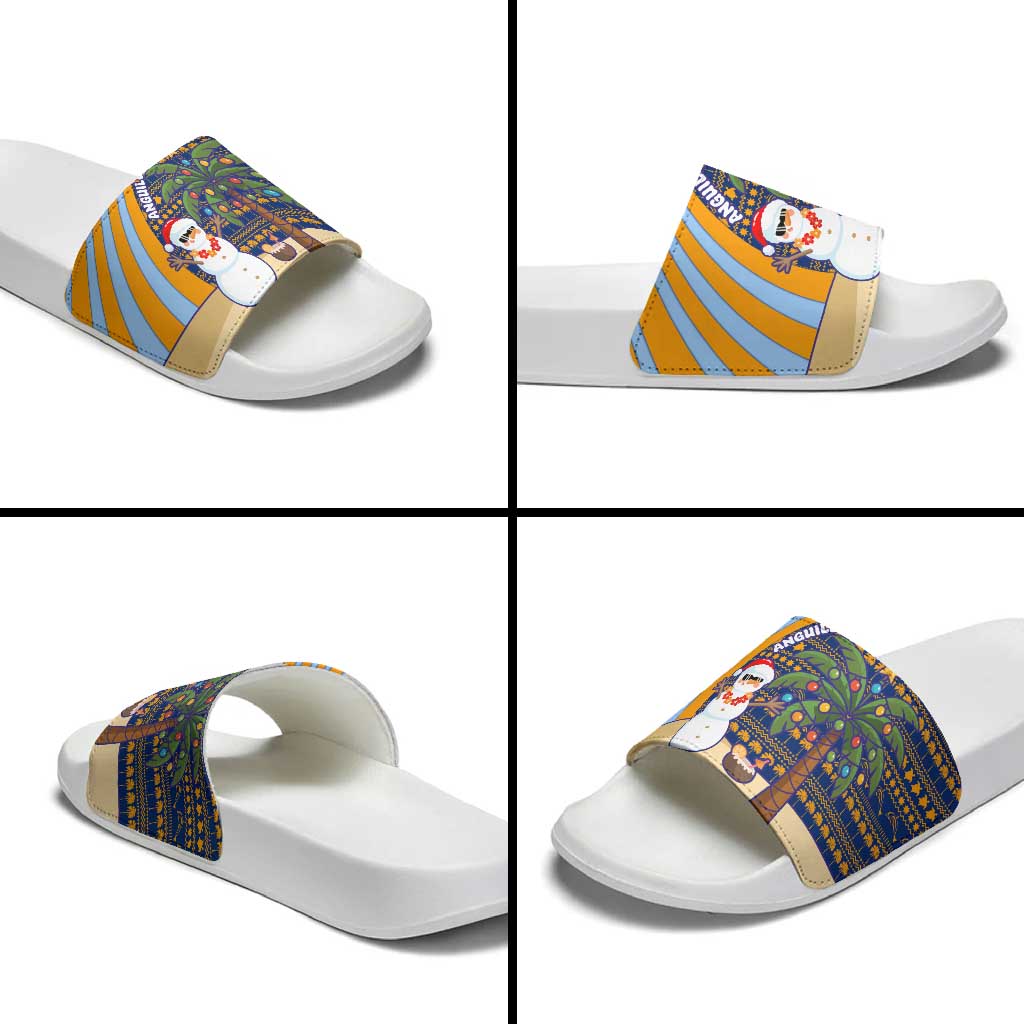Anguilla Christmas Slide Sandals with Snowman Palm Tree Ornaments Coconut Drink and Island Pattern Design - Wonder Print Shop