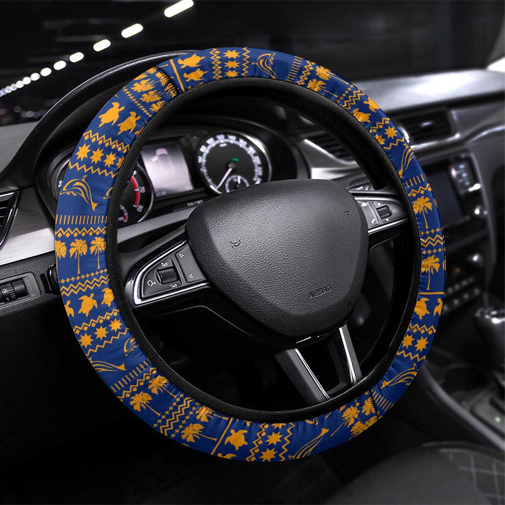 Anguilla Christmas Steering Wheel Cover with Snowman Palm Tree Ornaments Coconut Drink and Island Pattern Design - Wonder Print Shop