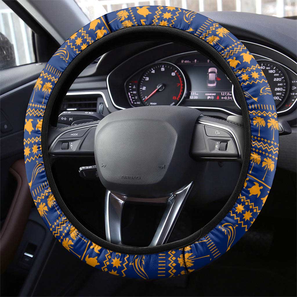 Anguilla Christmas Steering Wheel Cover with Snowman Palm Tree Ornaments Coconut Drink and Island Pattern Design - Wonder Print Shop