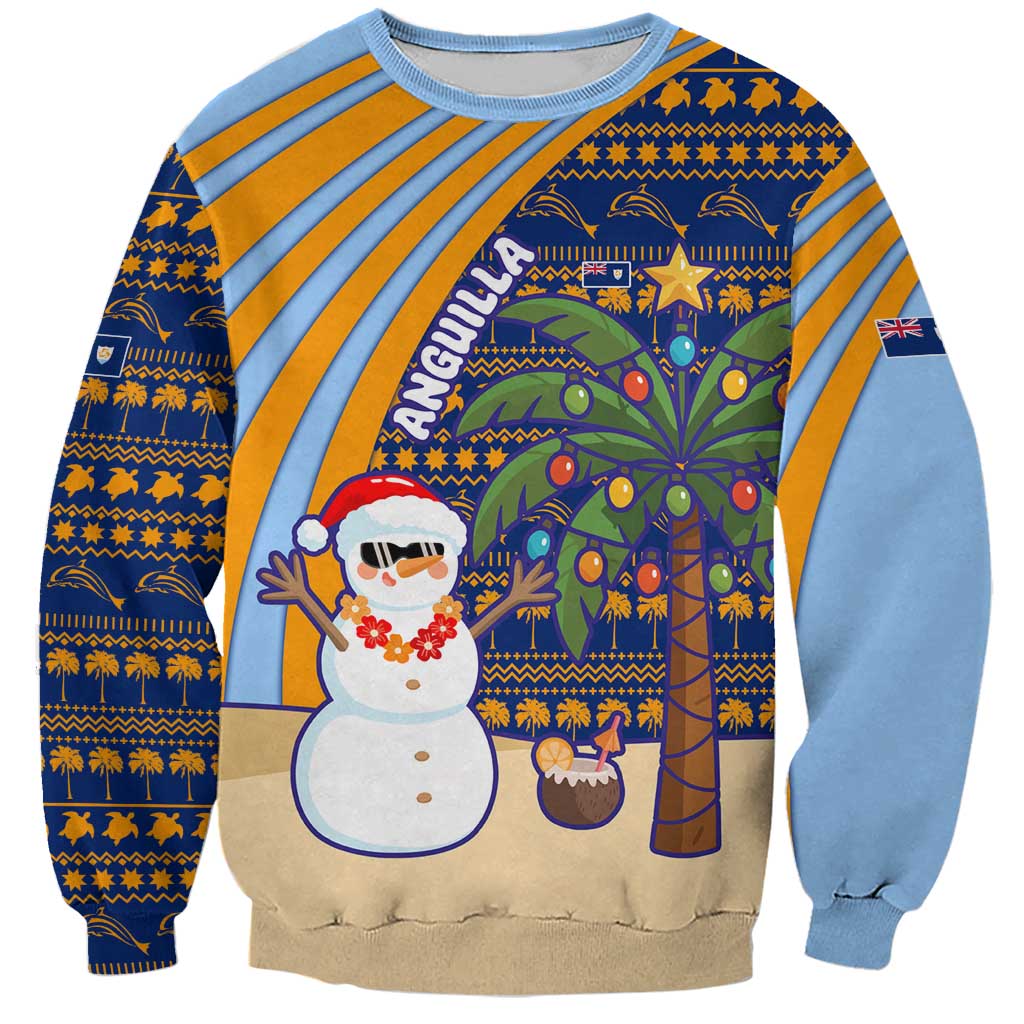 Anguilla Christmas Sweatshirt with Snowman Palm Tree Ornaments Coconut Drink and Island Pattern Design - Wonder Print Shop