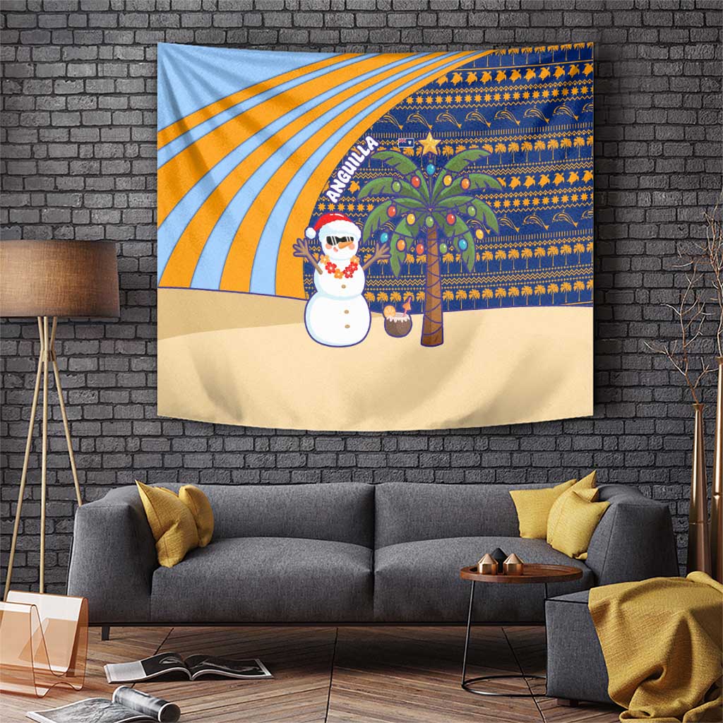 Anguilla Christmas Tapestry with Snowman Palm Tree Ornaments Coconut Drink and Island Pattern Design - Wonder Print Shop