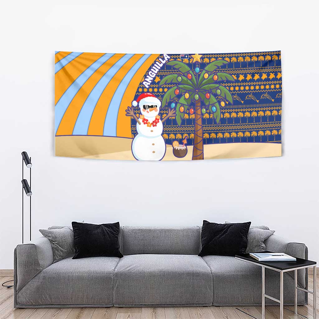 Anguilla Christmas Tapestry with Snowman Palm Tree Ornaments Coconut Drink and Island Pattern Design - Wonder Print Shop