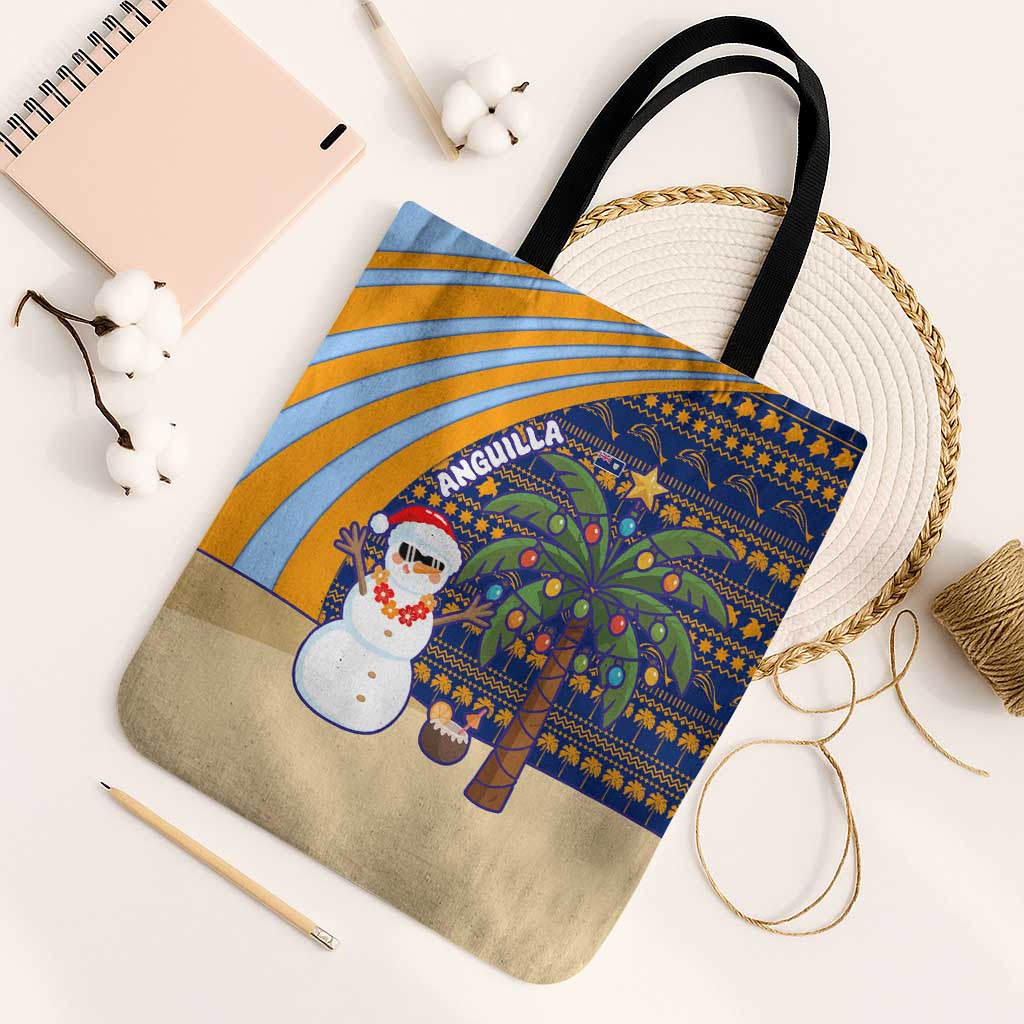 Anguilla Christmas Tote Bag with Snowman Palm Tree Ornaments Coconut Drink and Island Pattern Design - Wonder Print Shop