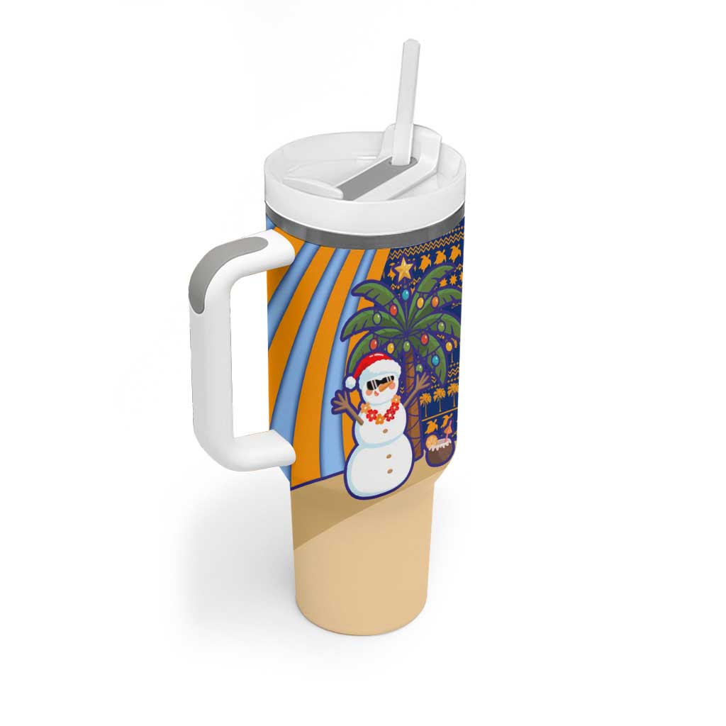 Anguilla Christmas Tumbler With Handle with Snowman Palm Tree Ornaments Coconut Drink and Island Pattern Design - Wonder Print Shop