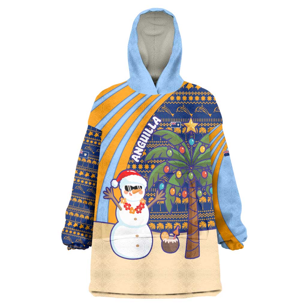 Anguilla Christmas Wearable Blanket Hoodie with Snowman Palm Tree Ornaments Coconut Drink and Island Pattern Design - Wonder Print Shop