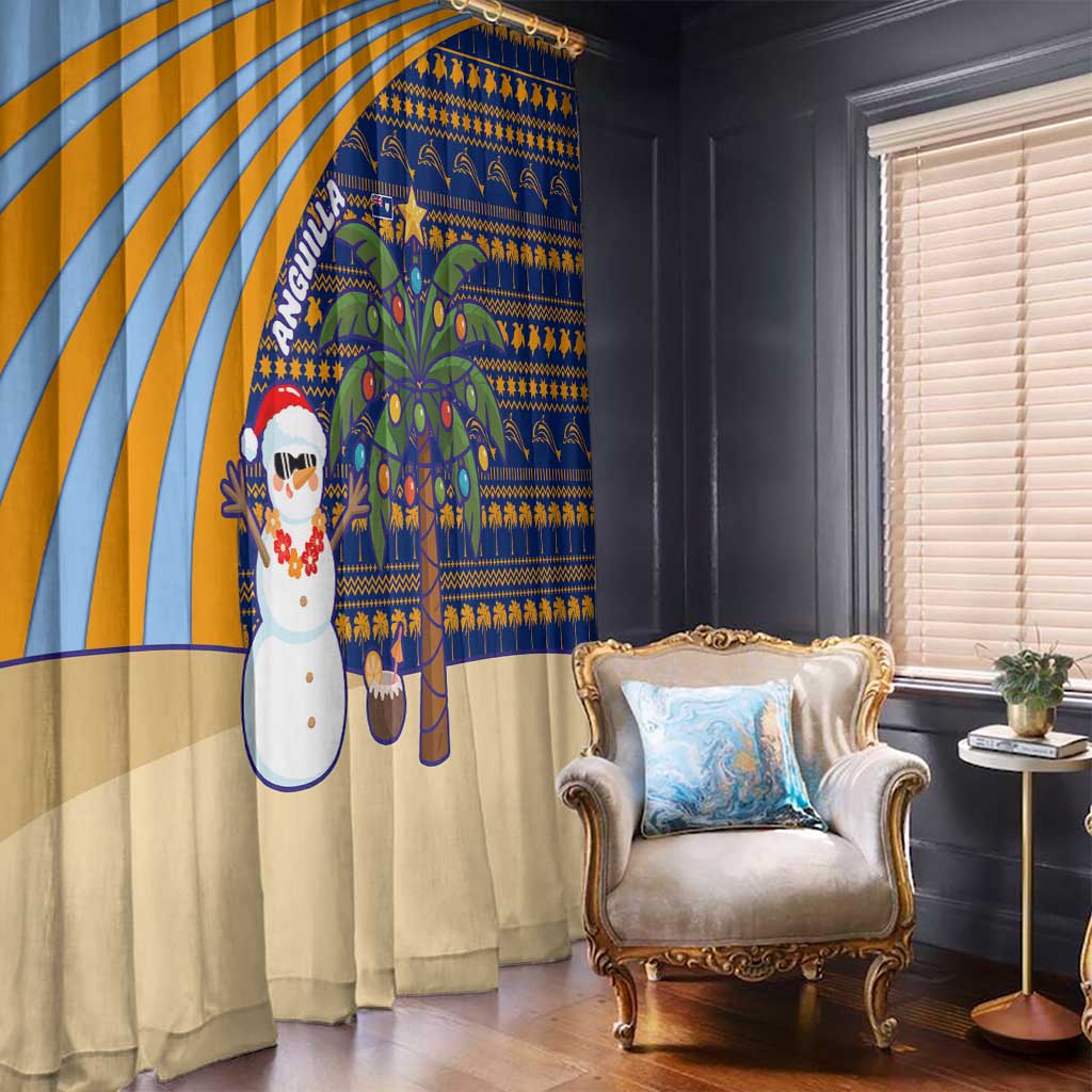 Anguilla Christmas Window Curtain with Snowman Palm Tree Ornaments Coconut Drink and Island Pattern Design - Wonder Print Shop