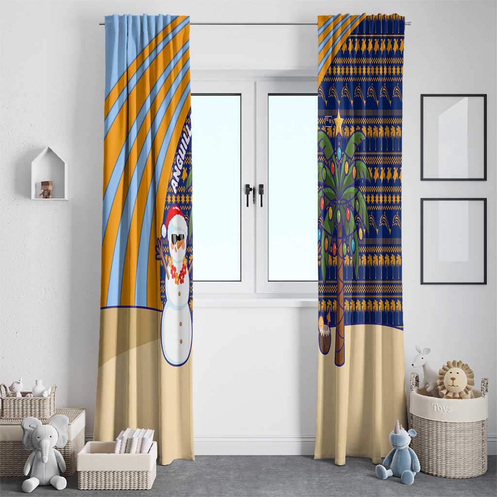 Anguilla Christmas Window Curtain with Snowman Palm Tree Ornaments Coconut Drink and Island Pattern Design - Wonder Print Shop