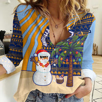 Anguilla Christmas Women Casual Shirt with Snowman Palm Tree Ornaments Coconut Drink and Island Pattern Design - Wonder Print Shop