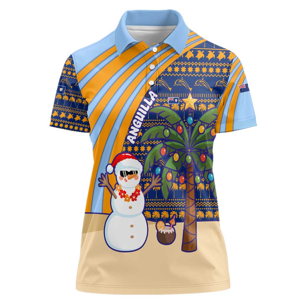 Anguilla Christmas Women Polo Shirt with Snowman Palm Tree Ornaments Coconut Drink and Island Pattern Design - Wonder Print Shop