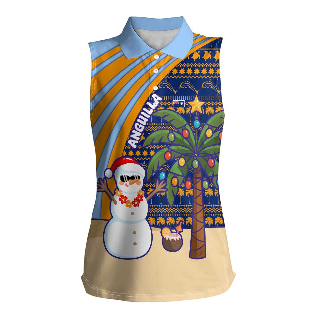 Anguilla Christmas Women Sleeveless Polo Shirt with Snowman Palm Tree Ornaments Coconut Drink and Island Pattern Design - Wonder Print Shop
