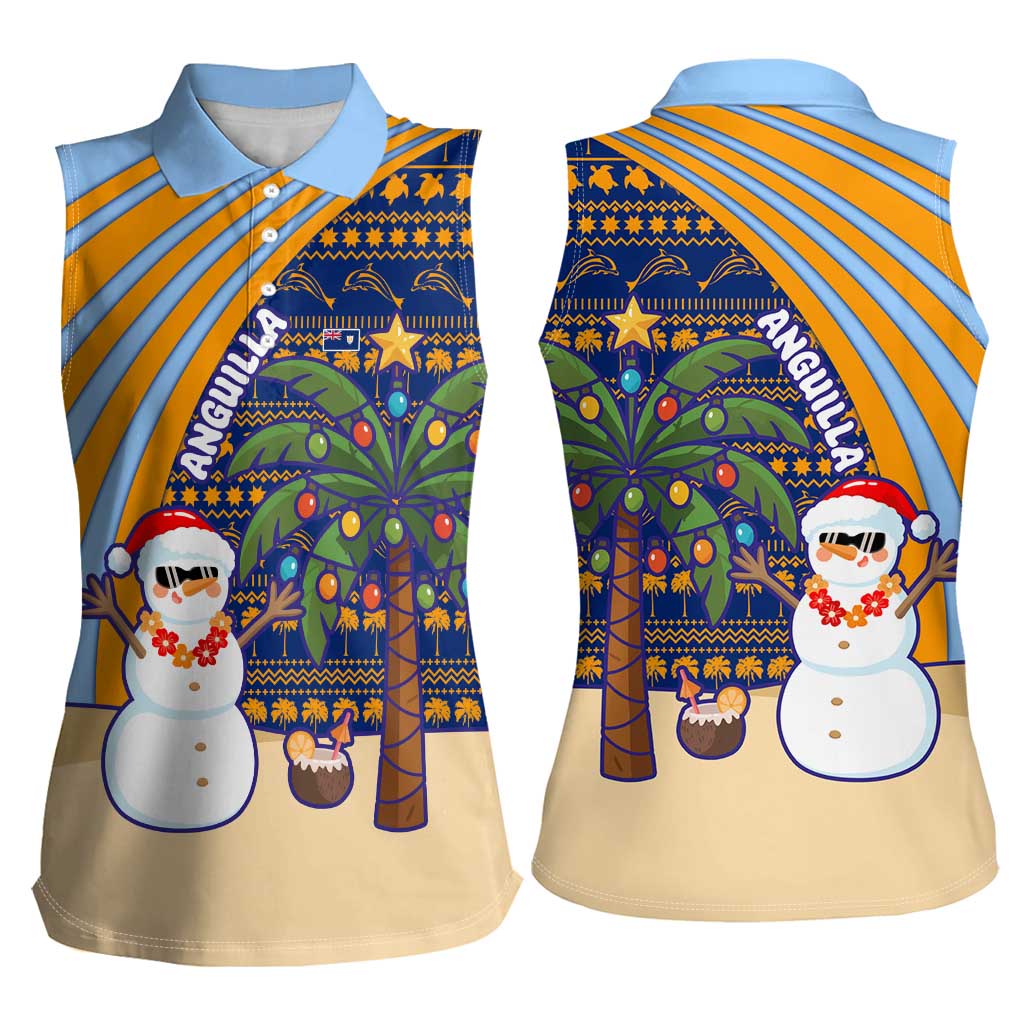 Anguilla Christmas Women Sleeveless Polo Shirt with Snowman Palm Tree Ornaments Coconut Drink and Island Pattern Design - Wonder Print Shop