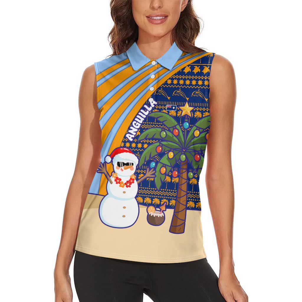Anguilla Christmas Women Sleeveless Polo Shirt with Snowman Palm Tree Ornaments Coconut Drink and Island Pattern Design - Wonder Print Shop