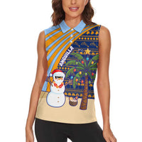 Anguilla Christmas Women Sleeveless Polo Shirt with Snowman Palm Tree Ornaments Coconut Drink and Island Pattern Design - Wonder Print Shop