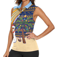 Anguilla Christmas Women Sleeveless Polo Shirt with Snowman Palm Tree Ornaments Coconut Drink and Island Pattern Design - Wonder Print Shop