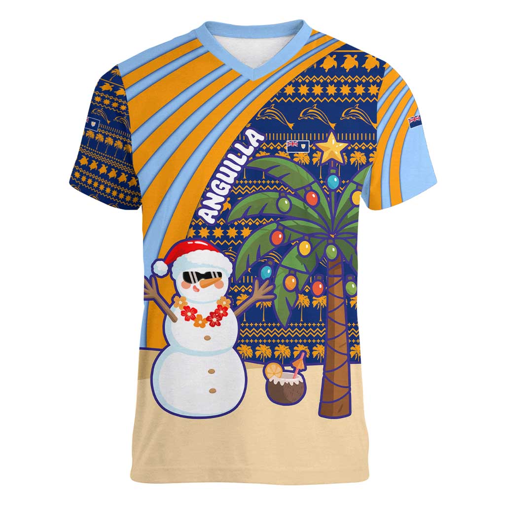 Anguilla Christmas Women V-Neck T-Shirt with Snowman Palm Tree Ornaments Coconut Drink and Island Pattern Design - Wonder Print Shop