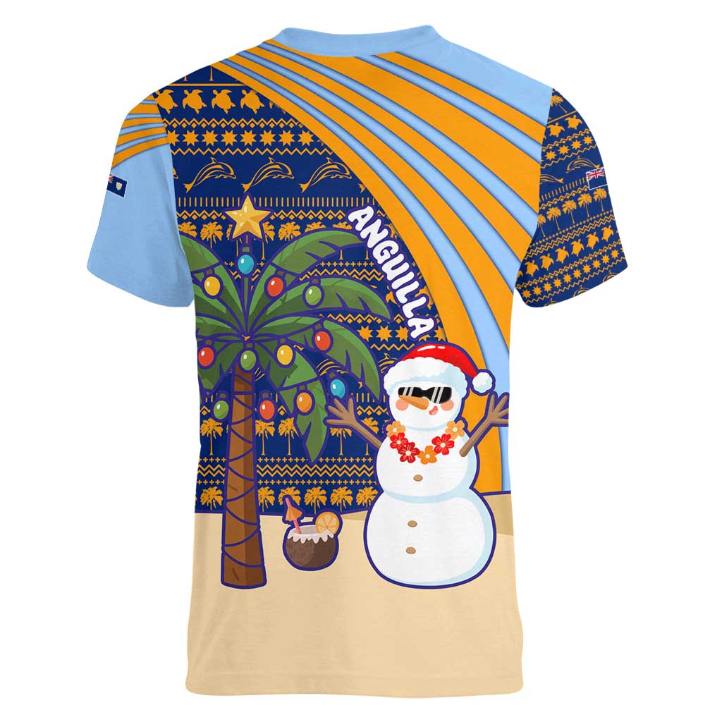 Anguilla Christmas Women V-Neck T-Shirt with Snowman Palm Tree Ornaments Coconut Drink and Island Pattern Design - Wonder Print Shop