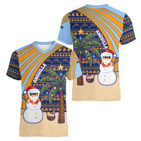 Anguilla Christmas Women V-Neck T-Shirt with Snowman Palm Tree Ornaments Coconut Drink and Island Pattern Design - Wonder Print Shop