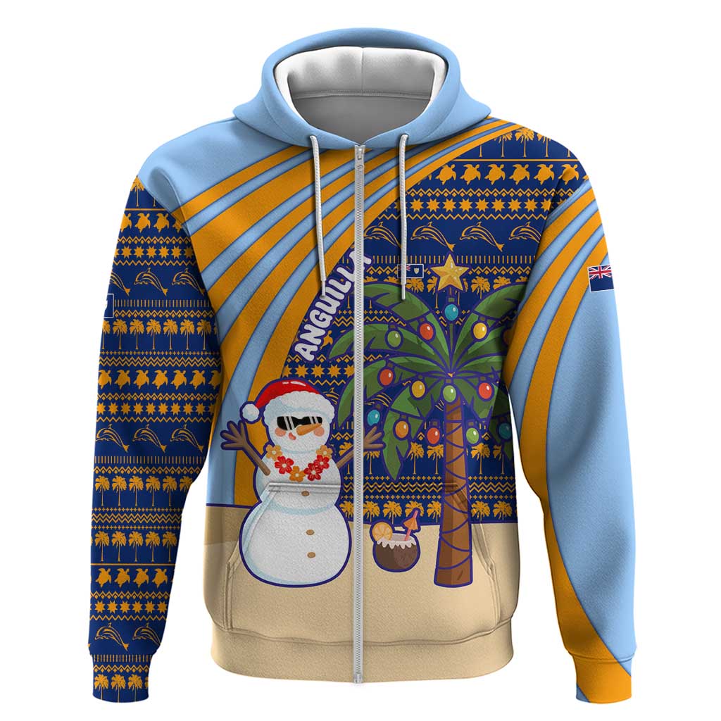 Anguilla Christmas Zip Hoodie with Snowman Palm Tree Ornaments Coconut Drink and Island Pattern Design - Wonder Print Shop