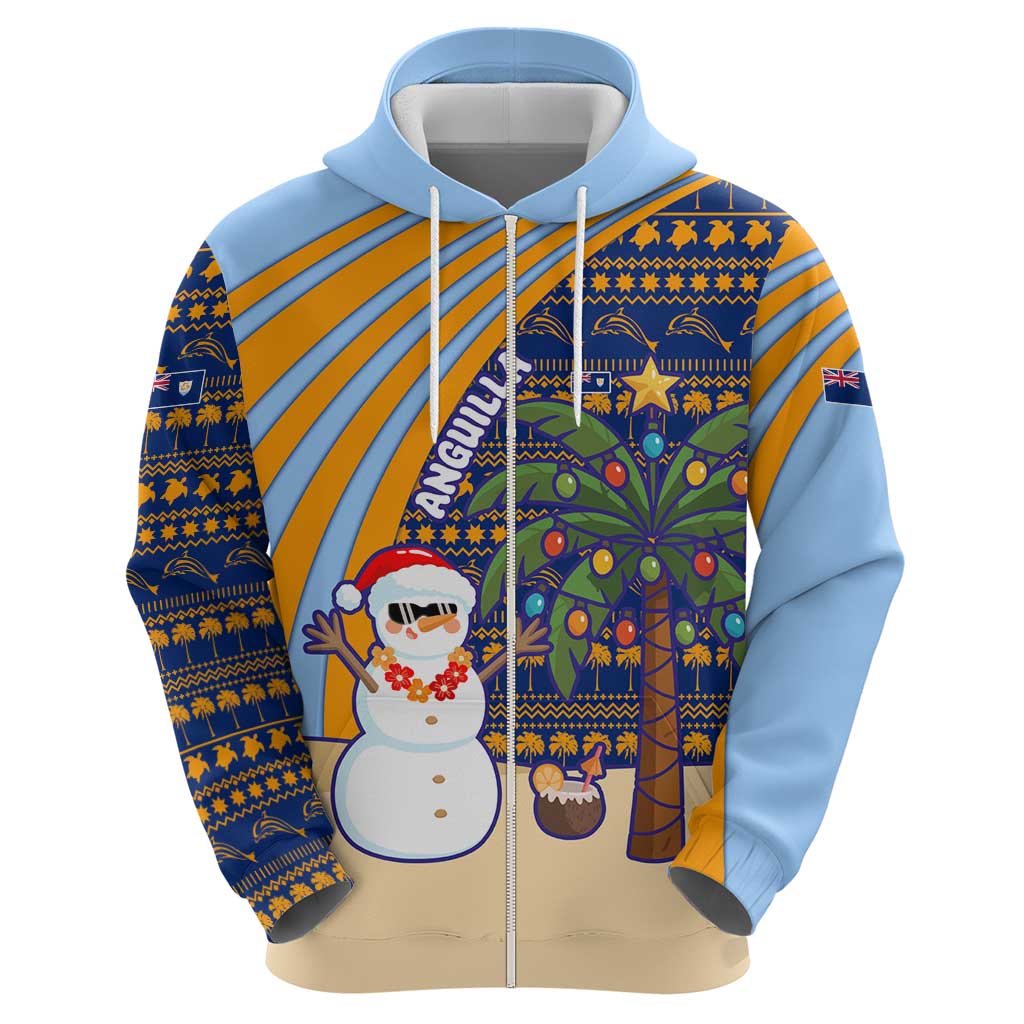 Anguilla Christmas Zip Hoodie with Snowman Palm Tree Ornaments Coconut Drink and Island Pattern Design - Wonder Print Shop