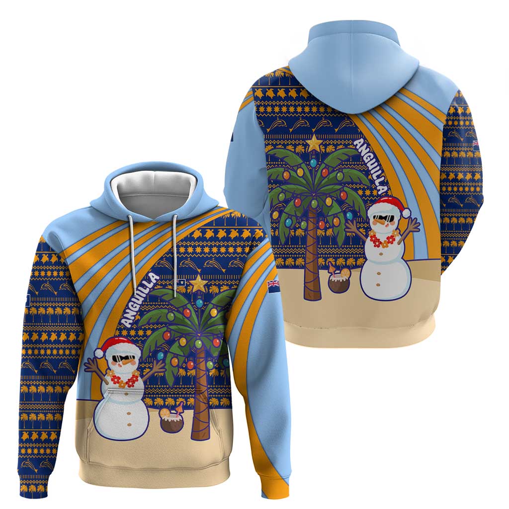 Anguilla Christmas Zip Hoodie with Snowman Palm Tree Ornaments Coconut Drink and Island Pattern Design - Wonder Print Shop