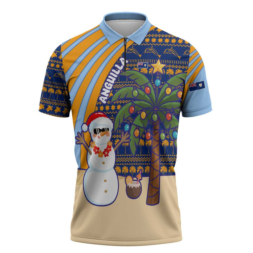 Anguilla Christmas Zipper Polo Shirt with Snowman Palm Tree Ornaments Coconut Drink and Island Pattern Design - Wonder Print Shop