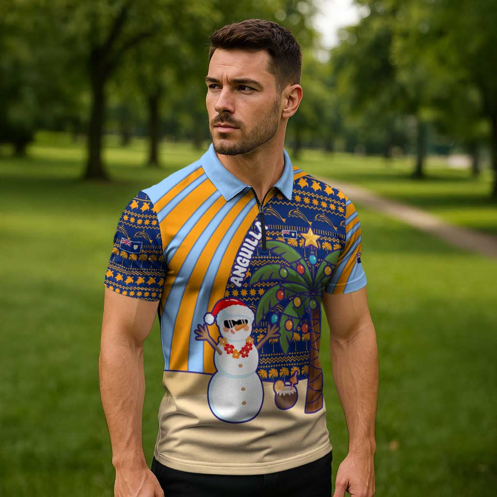 Anguilla Christmas Zipper Polo Shirt with Snowman Palm Tree Ornaments Coconut Drink and Island Pattern Design - Wonder Print Shop