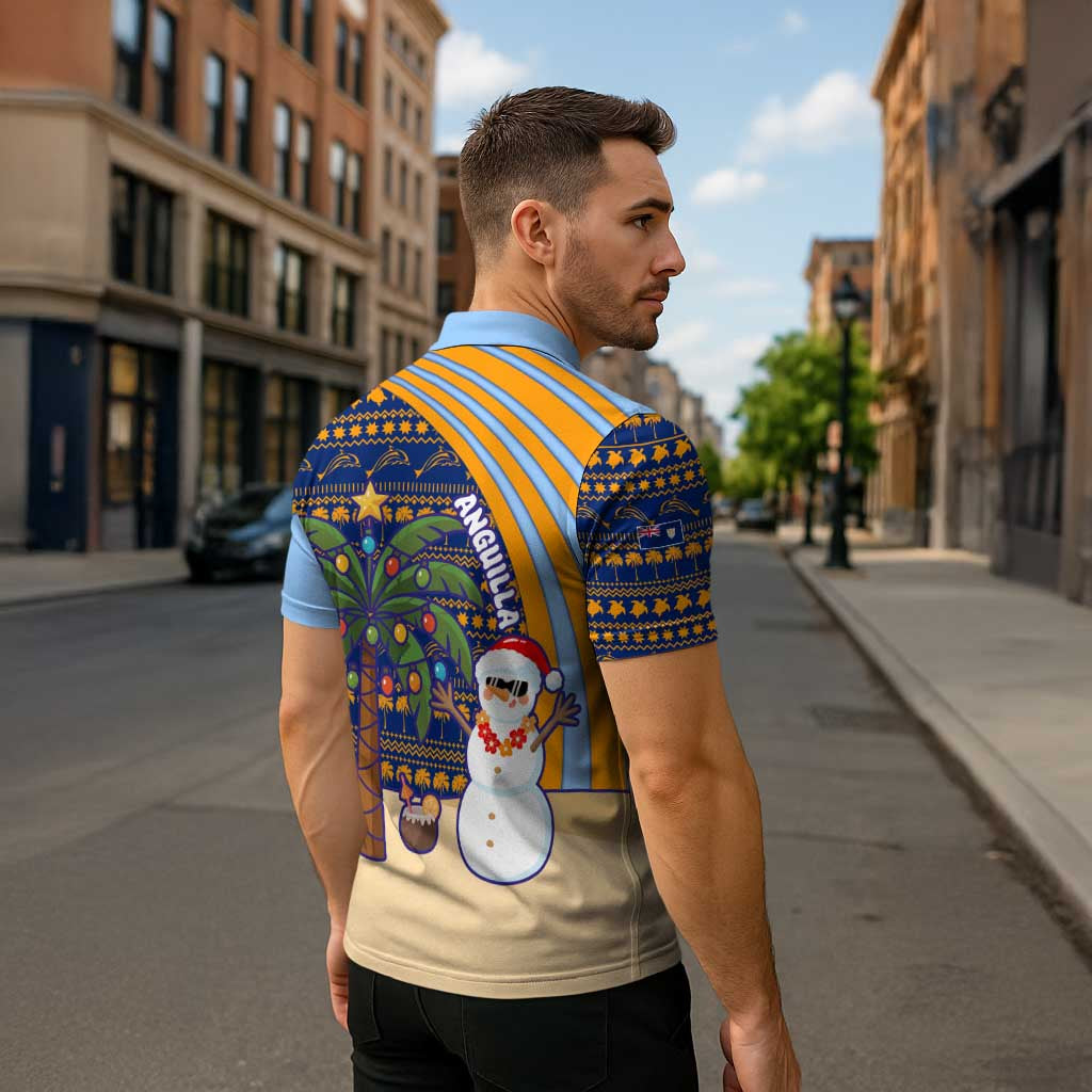 Anguilla Christmas Zipper Polo Shirt with Snowman Palm Tree Ornaments Coconut Drink and Island Pattern Design - Wonder Print Shop