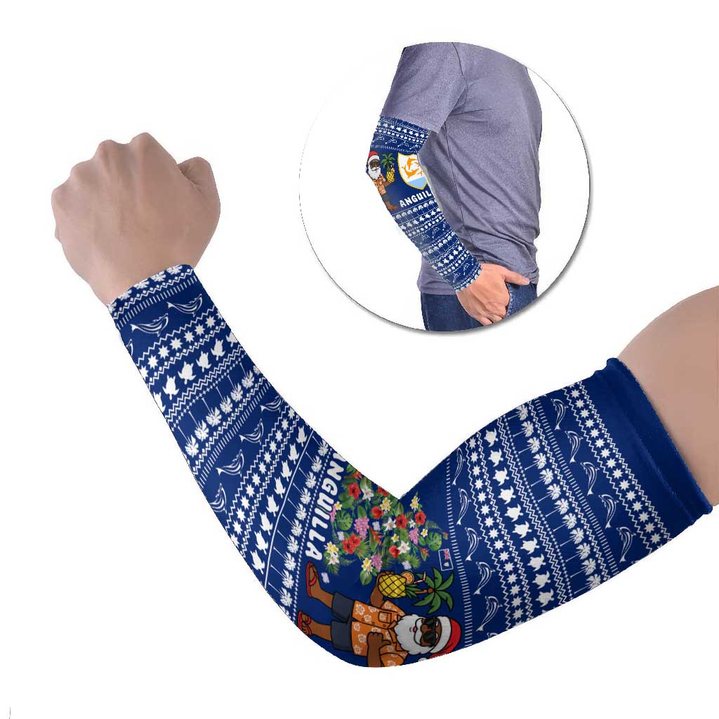 Anguilla Christmas Arm Sleeves with Santa Pineapple Floral Tree Island Crest and Tropical Pattern Design - Wonder Print Shop