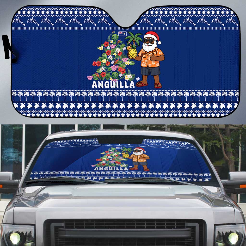Anguilla Christmas Auto Sun Shade with Santa Pineapple Floral Tree Island Crest and Tropical Pattern Design - Wonder Print Shop