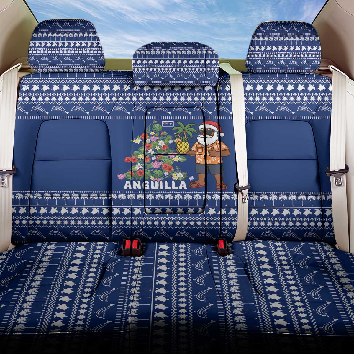 Anguilla Christmas Back Car Seat Cover with Santa Pineapple Floral Tree Island Crest and Tropical Pattern Design - Wonder Print Shop