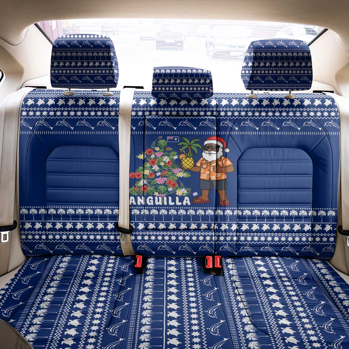 Anguilla Christmas Back Car Seat Cover with Santa Pineapple Floral Tree Island Crest and Tropical Pattern Design - Wonder Print Shop