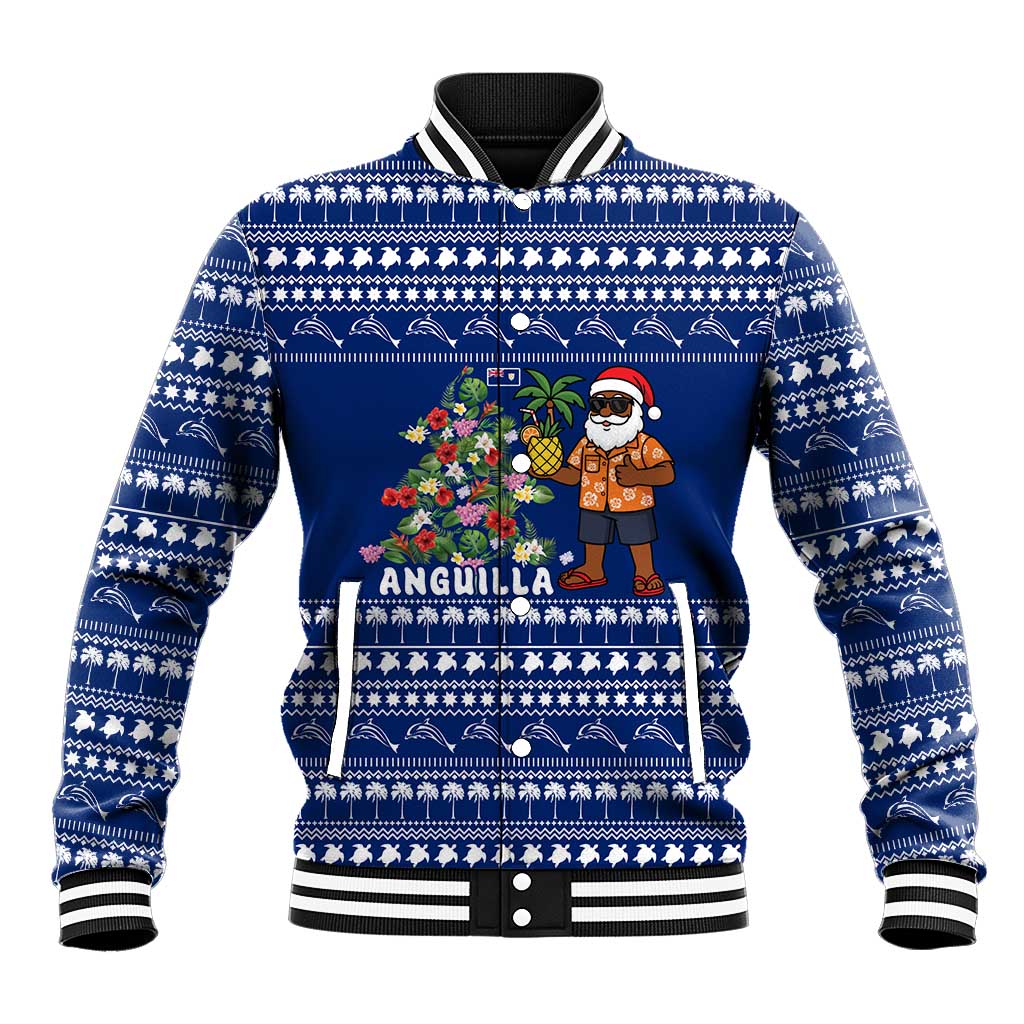 Anguilla Christmas Baseball Jacket with Santa Pineapple Floral Tree Island Crest and Tropical Pattern Design - Wonder Print Shop