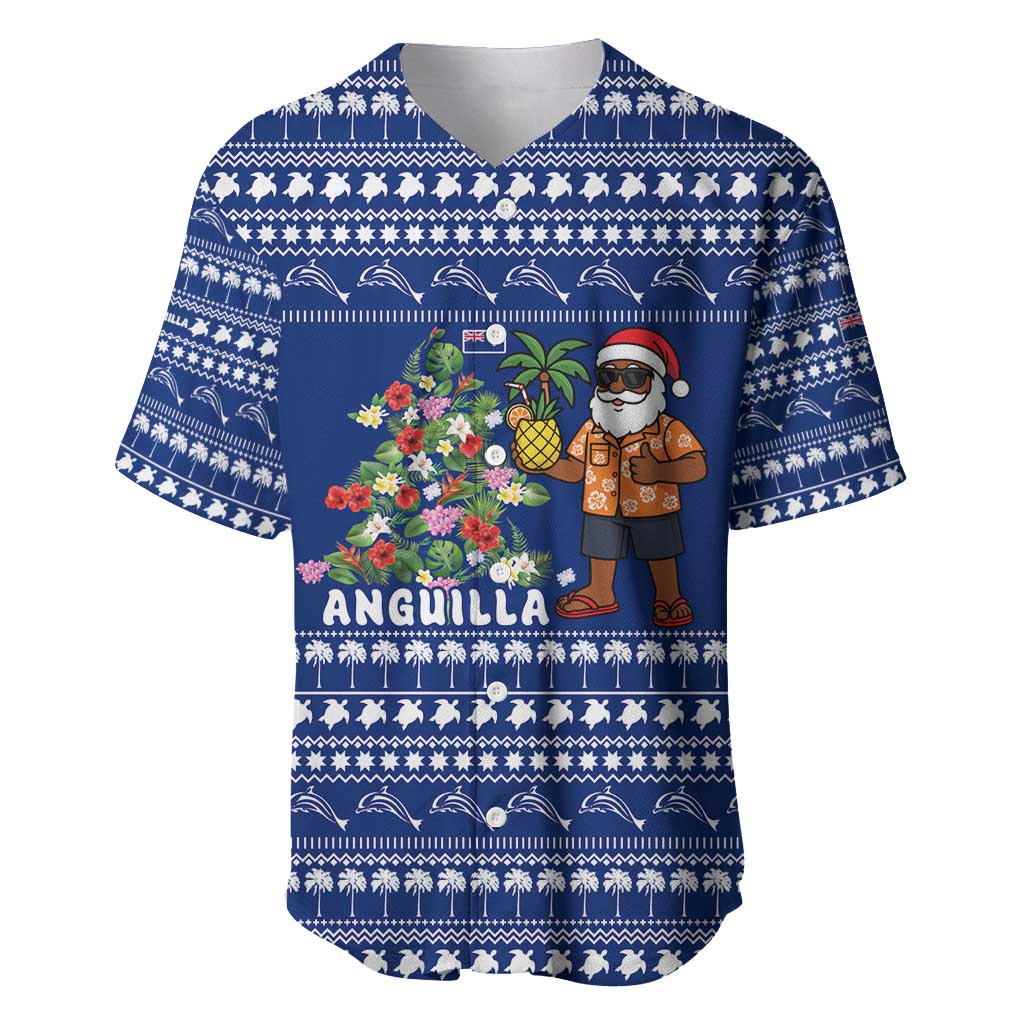 Anguilla Christmas Baseball Jersey with Santa Pineapple Floral Tree Island Crest and Tropical Pattern Design - Wonder Print Shop