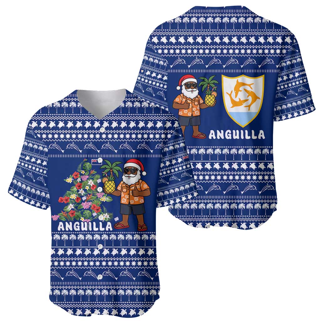 Anguilla Christmas Baseball Jersey with Santa Pineapple Floral Tree Island Crest and Tropical Pattern Design - Wonder Print Shop