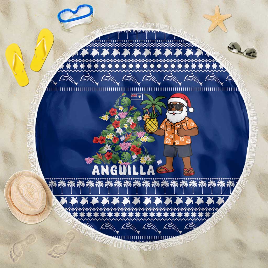 Anguilla Christmas Beach Blanket with Santa Pineapple Floral Tree Island Crest and Tropical Pattern Design - Wonder Print Shop
