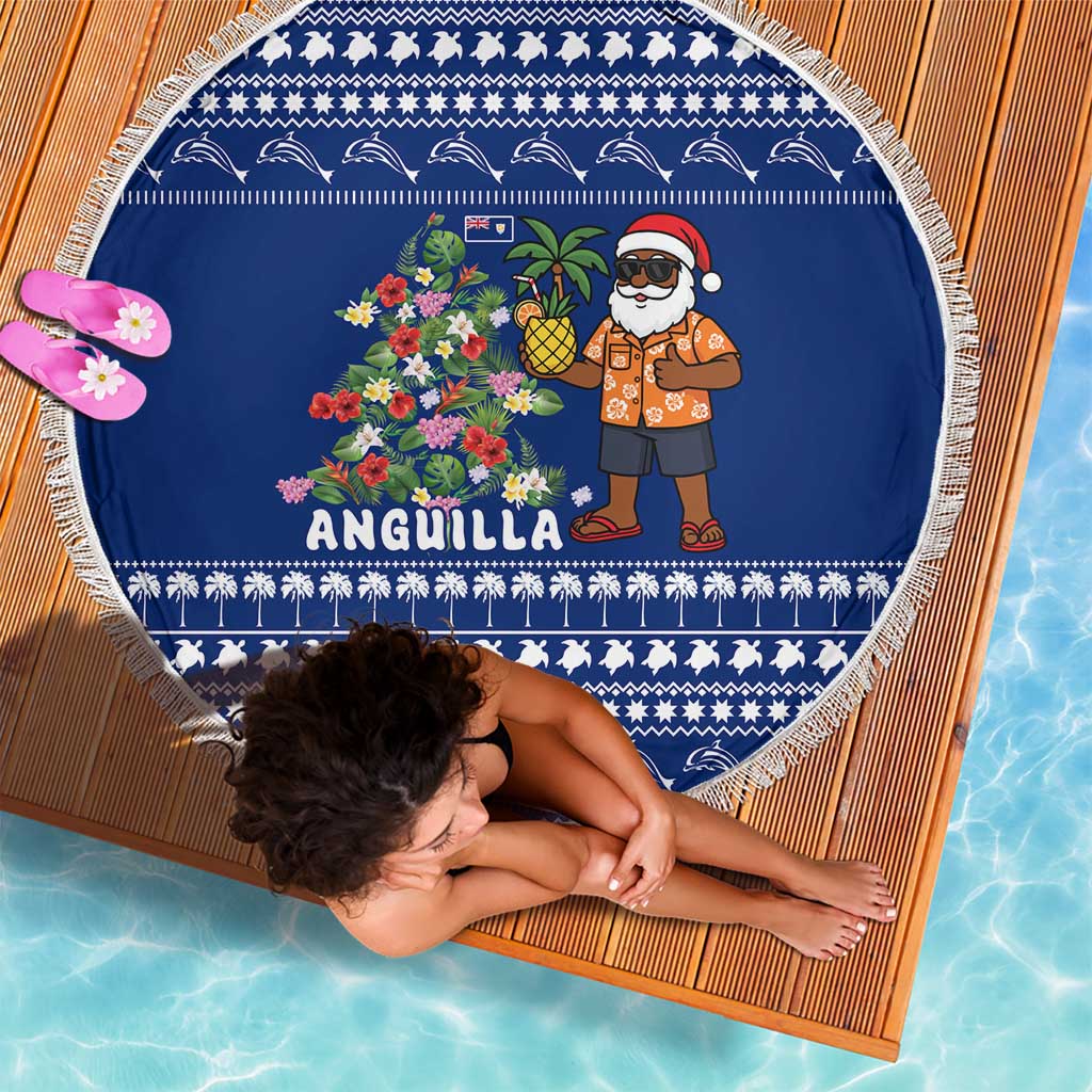 Anguilla Christmas Beach Blanket with Santa Pineapple Floral Tree Island Crest and Tropical Pattern Design - Wonder Print Shop