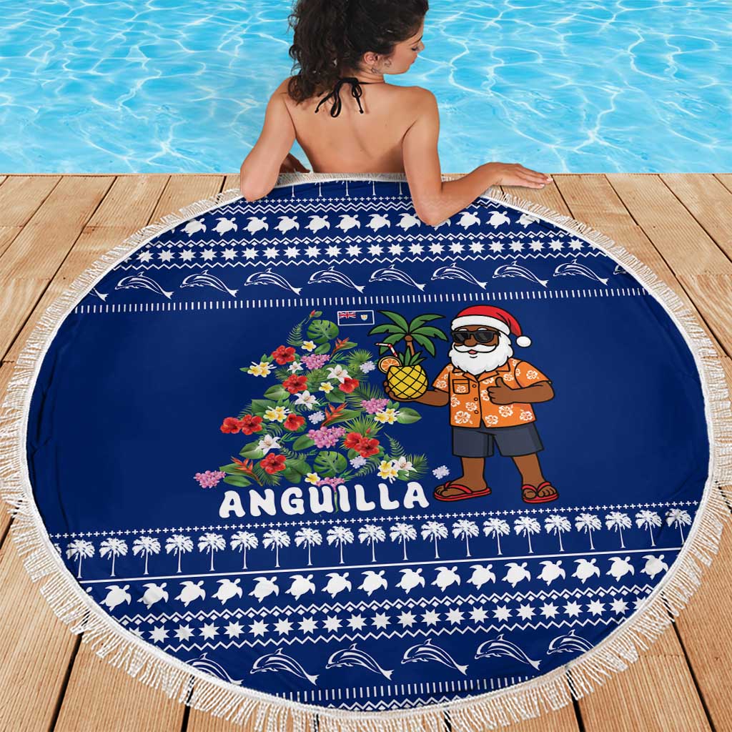 Anguilla Christmas Beach Blanket with Santa Pineapple Floral Tree Island Crest and Tropical Pattern Design - Wonder Print Shop