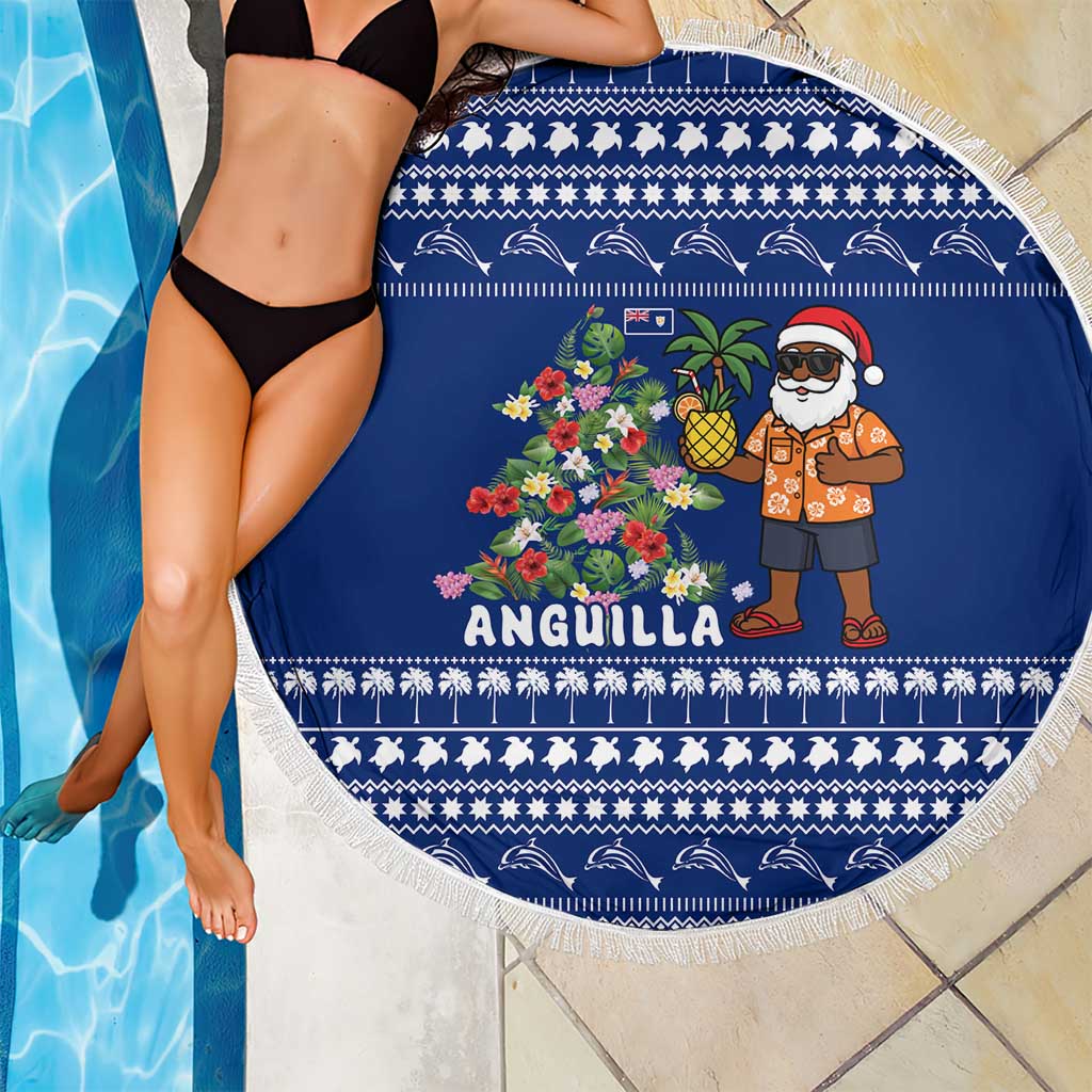 Anguilla Christmas Beach Blanket with Santa Pineapple Floral Tree Island Crest and Tropical Pattern Design - Wonder Print Shop