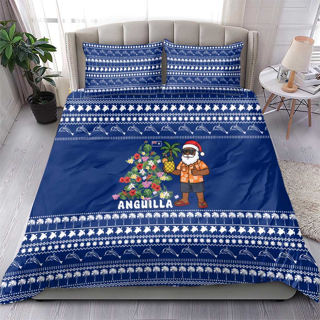 Anguilla Christmas Bedding Set with Santa Pineapple Floral Tree Island Crest and Tropical Pattern Design - Wonder Print Shop