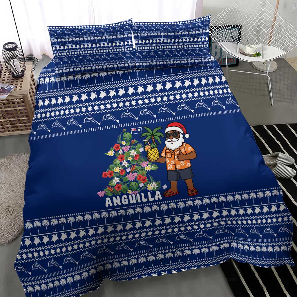 Anguilla Christmas Bedding Set with Santa Pineapple Floral Tree Island Crest and Tropical Pattern Design - Wonder Print Shop