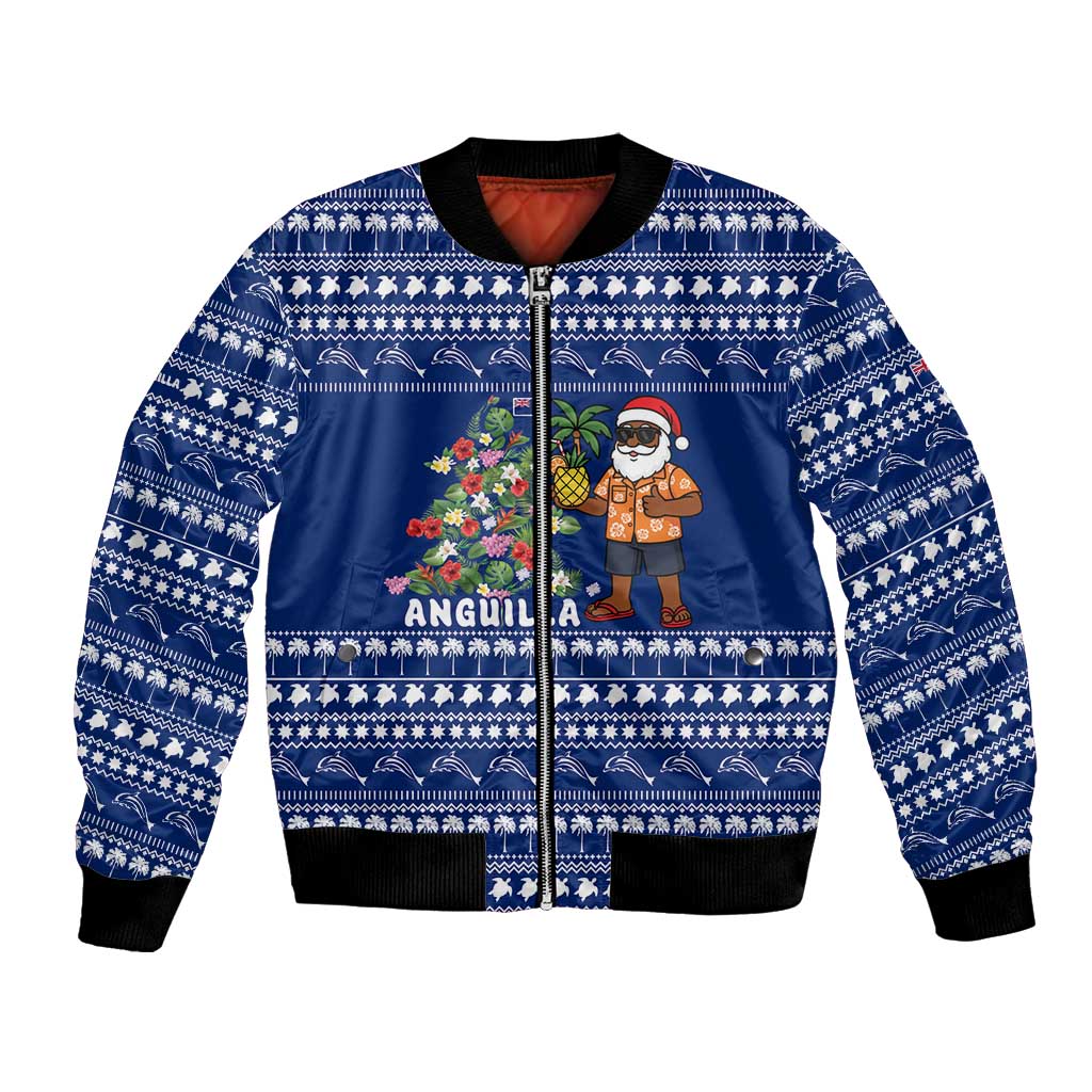 Anguilla Christmas Bomber Jacket with Santa Pineapple Floral Tree Island Crest and Tropical Pattern Design - Wonder Print Shop