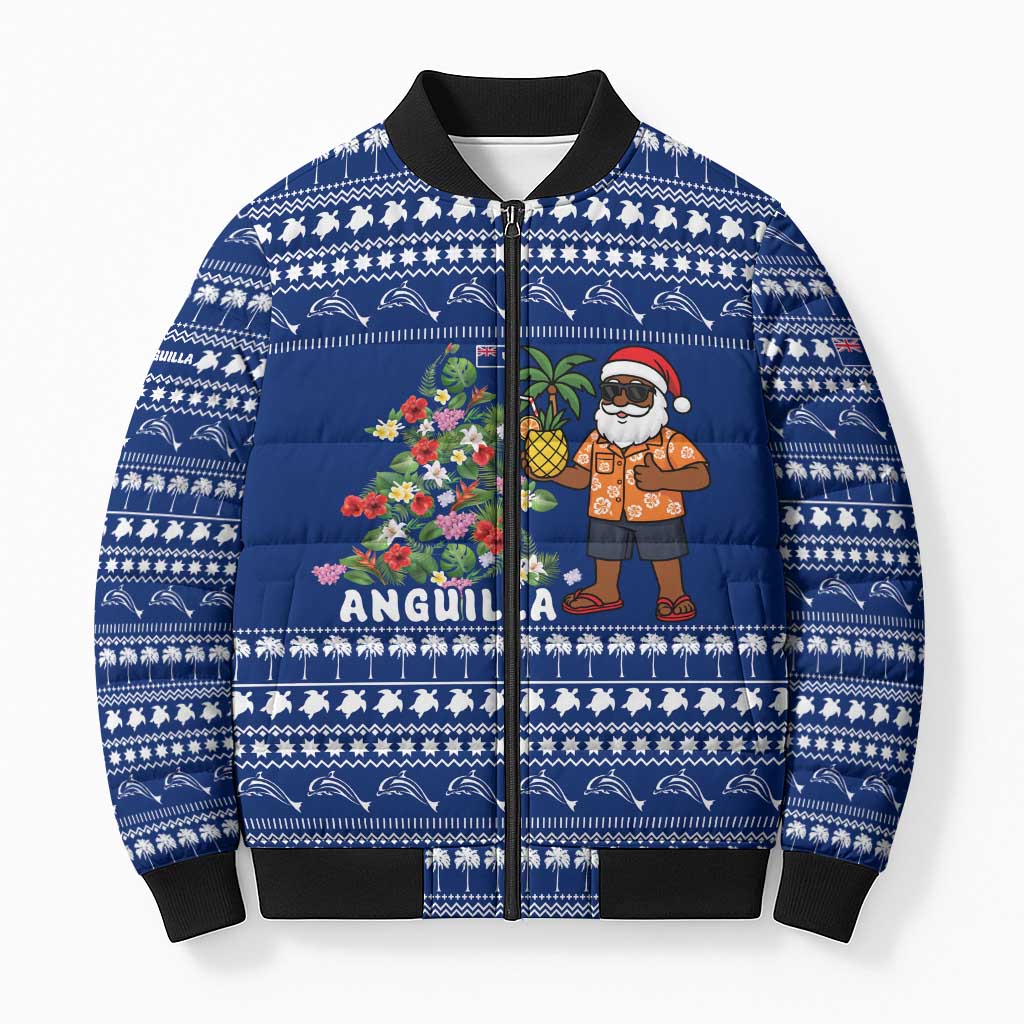 Anguilla Christmas Bomber Puffer Jacket with Santa Pineapple Floral Tree Island Crest and Tropical Pattern Design - Wonder Print Shop