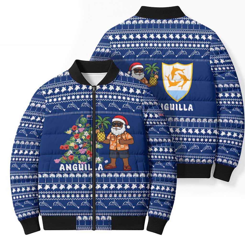 Anguilla Christmas Bomber Puffer Jacket with Santa Pineapple Floral Tree Island Crest and Tropical Pattern Design - Wonder Print Shop
