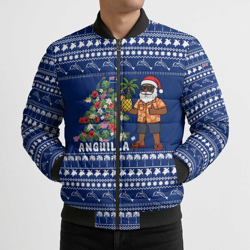 Anguilla Christmas Bomber Puffer Jacket with Santa Pineapple Floral Tree Island Crest and Tropical Pattern Design - Wonder Print Shop